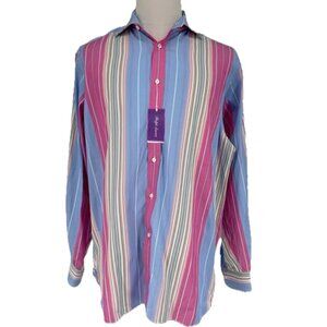 NEW $495 Ralph Lauren Purple Label Dress Shirt Colorful Pink & Blue Stripe Italy